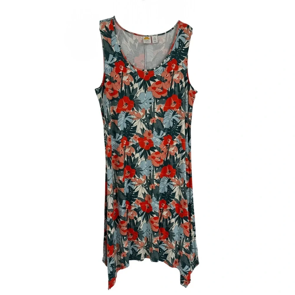 C&C California 2X Midi Maxi Dress Orange Green Tropical Handkerchief Hem Stretch